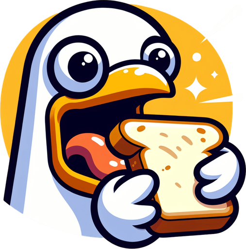 Create a cartoon-style illustration of a seagul's face chomping down on a slice of bread make it comical.
Single Game Texture. In-Game asset. 2d. Blank background. High contrast. No shadows.