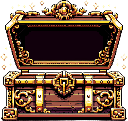 8bit, cartoon, treasure chest frame. very big empty center. only a fine border of chest.
Single Game Texture. In-Game asset. 2d. Blank background. High contrast. No shadows.