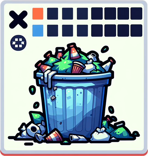 Create a cartoon-style illustration of an overfilled thrashcan.
Single Game Texture. In-Game asset. 2d. Blank background. High contrast. No shadows.