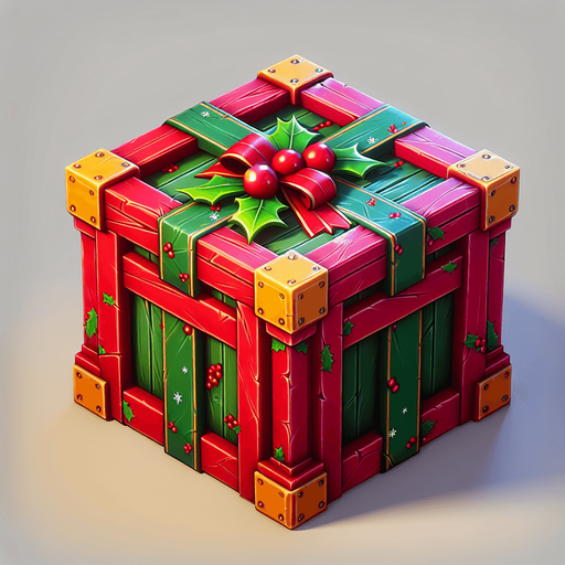 2d opened christmas crate Single Game Texture. In-Game asset. 2d. Blank background. High contrast. No shadows.