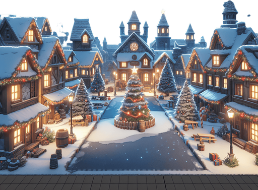 2d 3rd person front view of a christmas town square with a starry sky Single Game Texture. In-Game asset. 2d. Blank background. High contrast. No shadows.