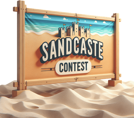 front view of a elongated horizontal banner on beach sand with text : "Sandcastle Contest"..
photorealistic