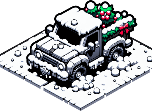 2d diagonal christmas car or truck in snow Single Game Texture. In-Game asset. 2d. Blank background. High contrast. No shadows.