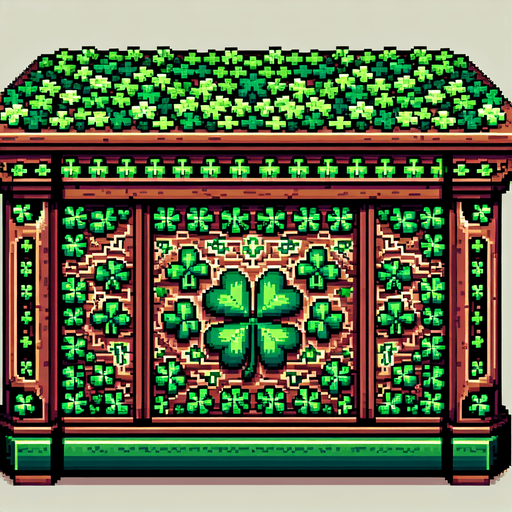 pixel art of a wood counter full of 4 leaf clovers.
front face view