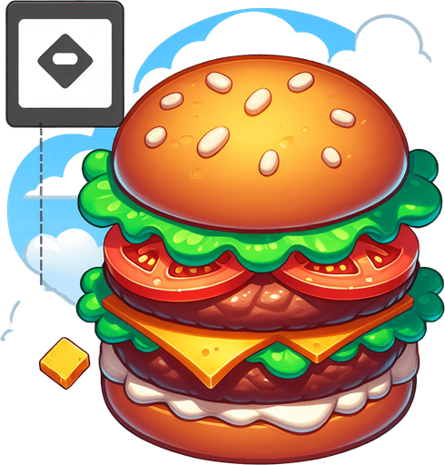 tasty burger.
Single Game Texture. In-Game asset. 2d. Blank background. High contrast. No shadows.