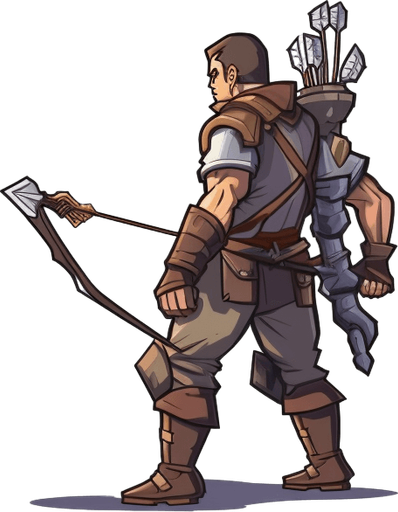 Heroic archer walking to the right.
Game Texture. In-Game asset. 2d. Pixelart. White background. Blank background. Low detail. High contrast.