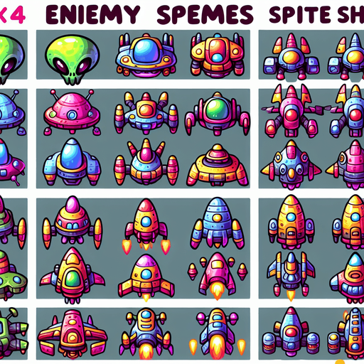 Sprite sheet of different Enemy spaceship, alien looking. Vibrant colors. Cartoon feeling. 4x4 sprite sheet..
Single Game Texture. In-Game asset. 2d. Blank background. High contrast. No shadows.