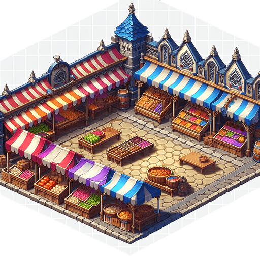 A market in a RTS fantasy style Single Game Texture. In-Game asset. 2d. Blank background. High contrast. No shadows.