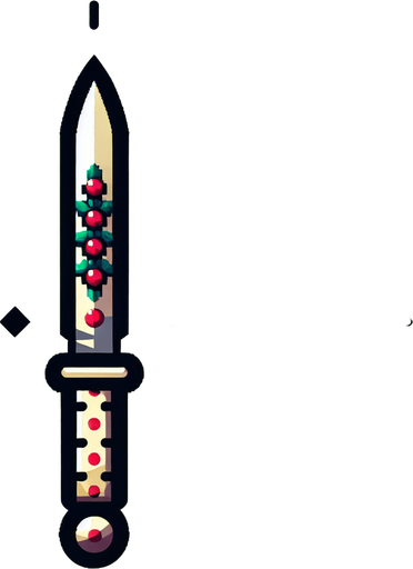 Cartoon knife pointing up. Symmetrical. Vertical. Christmas designed. Single Game Texture. In-Game asset. 2d. Blank background. High contrast. No shadows.