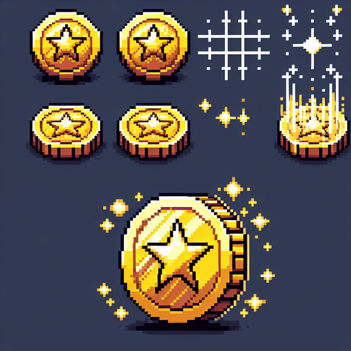 Create an 8-bit pixelated sprite sheet featuring a golden coin with a star symbol in the center. The coin should be viewed from multiple perspectives to create the illusion of spinning in place, with each frame showing slight rotational movement. The sprite sheet should include enough frames to produce a smooth spinning animation, with consistent shading and highlights to enhance the 3D effect of the coin rotating. The star symbol should remain centered and consistent throughout the animation, while the outer edges of the coin shift to reflect the spin..
Single Game Texture. In-Game asset. 2d. Blank background. High contrast. No shadows.