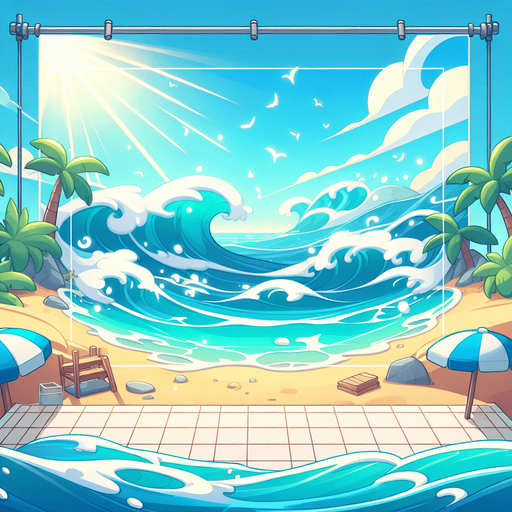 Create a cartoon-style illustration of the ocean and an empty sandy beach from the perspective of a person standing on the beach. The goal is to capture a lively and playful location..
Single Game Texture. In-Game asset. 2d. Blank background. High contrast. No shadows.