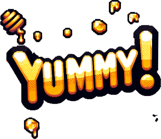 Pixelart - a cool splash screen style text saying 'Yummy!' golden yellow brown honey colors..
Single Game Texture. In-Game asset. 2d. Blank background. High contrast. No shadows.