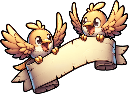 Create a cartoon-style illustration of two birds holding an empty banner by their feet. The goal is to capture a lively and playful location..
Single Game Texture. In-Game asset. 2d. Blank background. High contrast. No shadows.