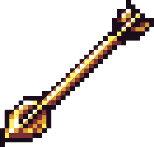 a straight crossbow bolt made of gold. top down view. pixelart. bolt only, crossbow not included. vertical display, from bottom to top. Single Game Texture. In-Game asset. 2d. Blank background. High contrast. No shadows.