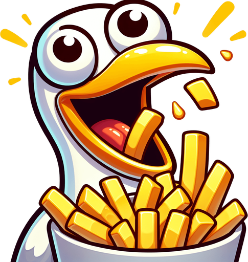 create a cartoon-style illustration of a seagul's face chomping down on fries make it comical..
Single Game Texture. In-Game asset. 2d. Blank background. High contrast. No shadows.