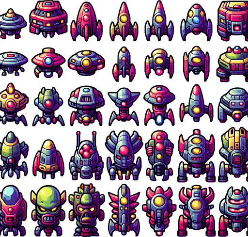 Sprite sheet of different Enemy spaceship, alien looking. Vibrant colors. Cartoon feeling. 4x4 sprite sheet..
Single Game Texture. In-Game asset. 2d. Blank background. High contrast. No shadows.