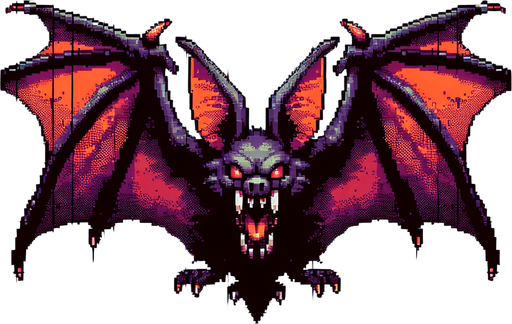 evil large flying bat, front view, I want the art style to reflect a classic 16-bit retro pixel art aesthetic, reminiscent of early 1990s RPGs with vibrant colors..
Single Game Texture. In-Game asset. 2d. Blank background. High contrast. No shadows.