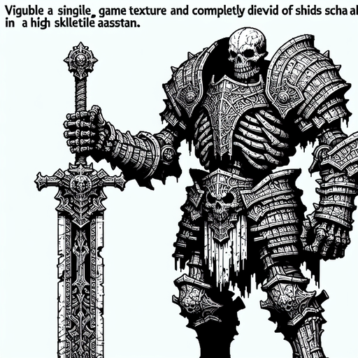 giant armored skeleton with a great sword.
Single Game Texture. In-Game asset. 2d. Blank background. High contrast. No shadows.