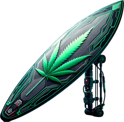 Cannabis plant surfboard transparent background on its side green in shape of cannabis leaf technological futuristic tech 8bit Single Game Texture. In-Game asset. 2d. Blank background. High contrast. No shadows Single Game Texture. In-Game asset. 2d. Blank background. High contrast. No shadows.