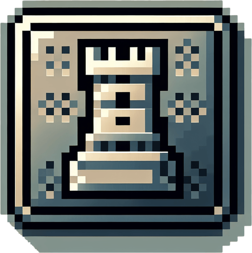 A metalic square button with the symbol of a tower from chess. Pixelart. Gamegui style. Medieval. Single Game Texture. In-Game asset. 2d. Blank background. High contrast. No shadows.