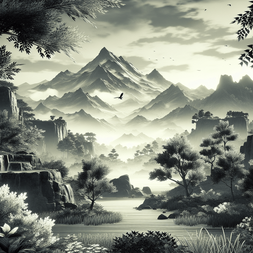 a japanees ninja game landscape background with montains far.