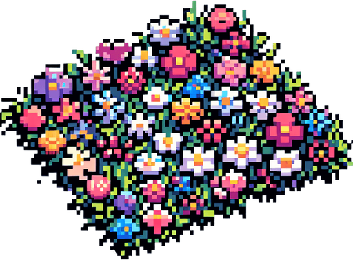 pixel art of a flower patch.
game asset, 2d, white background, shadowless.