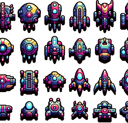 Sprite sheet of different Enemy spaceship, alien looking. Vibrant colors. Cartoon feeling. 4x4 sprite sheet..
Single Game Texture. In-Game asset. 2d. Blank background. High contrast. No shadows.