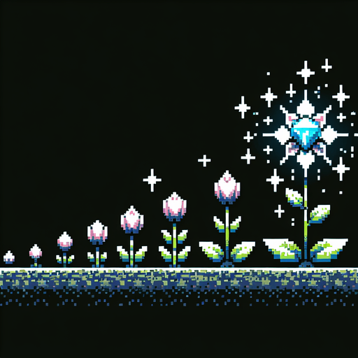 pixel art sprite sheet of a growing plant with a diamond flower.
Game asset. 2d. Blank background. High contrast. No shadows.