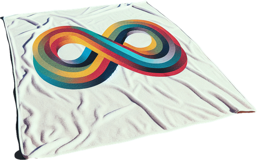 full view of a Beach white towel with colored infinte logo. placed on the sand.
photo