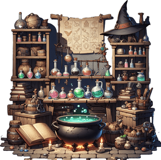 atelier de sorciere.
Single Game Texture. In-Game asset. 2d. Blank background. High contrast. No shadows.