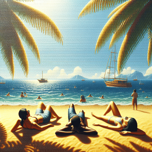 This is about a beach scene. In the background you can see the sea with boats in the horizon.In the foreground you can see sand with three people tanning in the sun.At the extrem left and at the extrem right, there are a palmer rising to the top of the image and making an arch of leaves over the people tanning..
Single Game Texture. In-Game asset. 2d. Blank background. High contrast. No shadows.