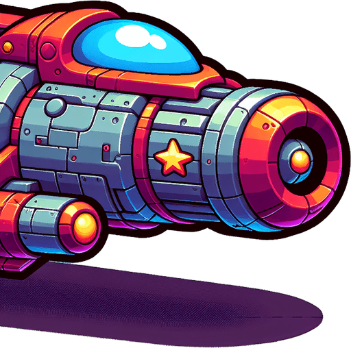 Computer game. Cartoon hero spaceship facing upwards, large cannon at the center of the ship. Bright colors.
Single Game Texture. In-Game asset. 2d. Blank background. High contrast. No shadows.