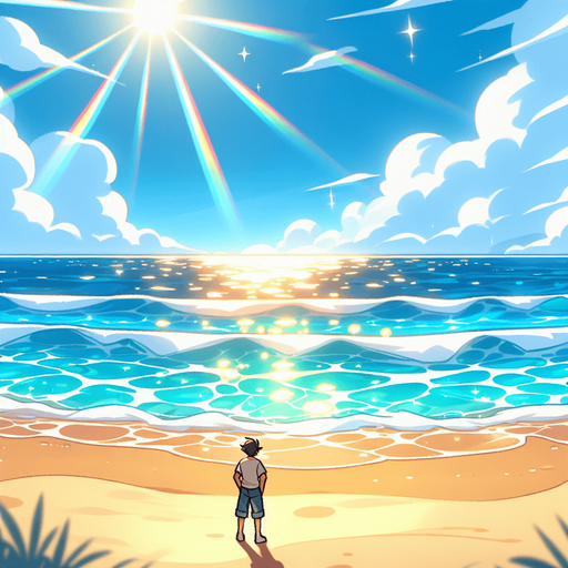 Create a cartoon-style illustration of the ocean and an empty sandy beach from the perspective of a person standing on the beach. The goal is to capture a lively and playful location..
Single Game Texture. In-Game asset. 2d. Blank background. High contrast. No shadows.