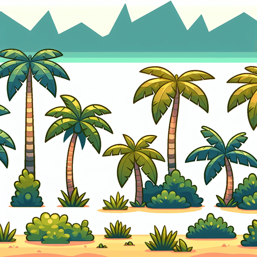 Create a cartoon-style illustration of palm trees. The goal is to capture a lively and playful location.
Single Game Texture. In-Game asset. 2d. Blank background. High contrast. No shadows.