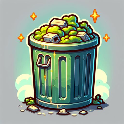 Create a cartoon-style illustration of an overfilled thrashcan.
Single Game Texture. In-Game asset. 2d. Blank background. High contrast. No shadows.