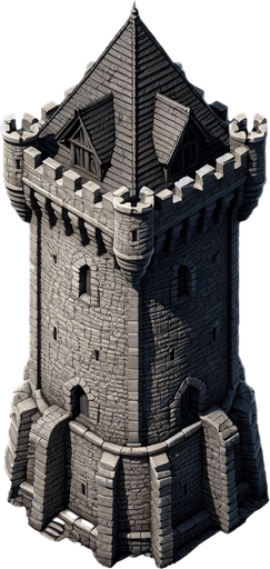 a medieval style stone tower. top down view. Single Game Texture. In-Game asset. 2d. Blank background. High contrast. No shadows.