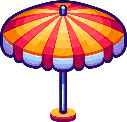 A big colored parasol for the beach..
Single Game Texture. In-Game asset. 2d. Blank background. High contrast. No shadows.