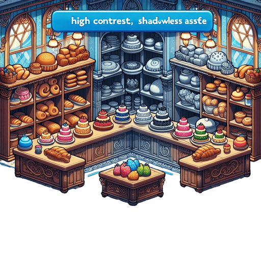 Cartoon bluno background of a bakery.
Single Game Texture. In-Game asset. 2d. Blank background. High contrast. No shadows.