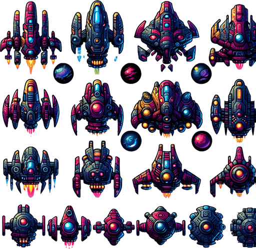 Sprite sheet of different Enemy Boss spaceship, alien looking. Vibrant colors. Cartoon feeling. 4 sprites per sprite sheet.
Single Game Texture. In-Game asset. 2d. Blank background. High contrast. No shadows.