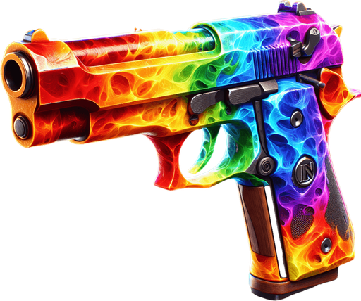 Pistol made of gaseous rainbow colored magic energy..
Single Game Texture. In-Game asset. 2d. Blank background. High contrast. No shadows.