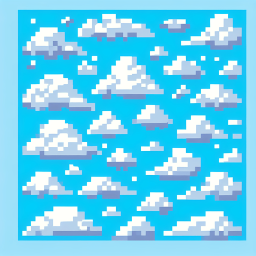 8-bit pixelated background of a minimalist cloudy sky. keep it simple with a light blue sky of a single color and a few pixelated clouds scattered around.
Single Game Texture. In-Game asset. 2d. Blank background. High contrast. No shadows.