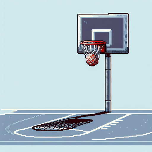 Basketball court. One basketball hoop with background and net is shown. Facing downcourt. 8-Bit style..
Single Game Texture. In-Game asset. 2d. Blank background. High contrast. No shadows.