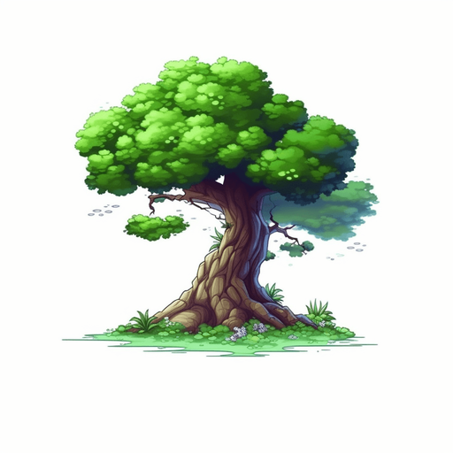 single background tree, full view.
Game Texture. In-Game asset. 2d. Pixelart. White background. Blank background. Low detail. High contrast.