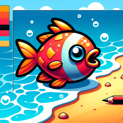 create a cartoon-style illustration of a fish ashore, front view.
Single Game Texture. In-Game asset. 2d. Blank background. High contrast. No shadows.