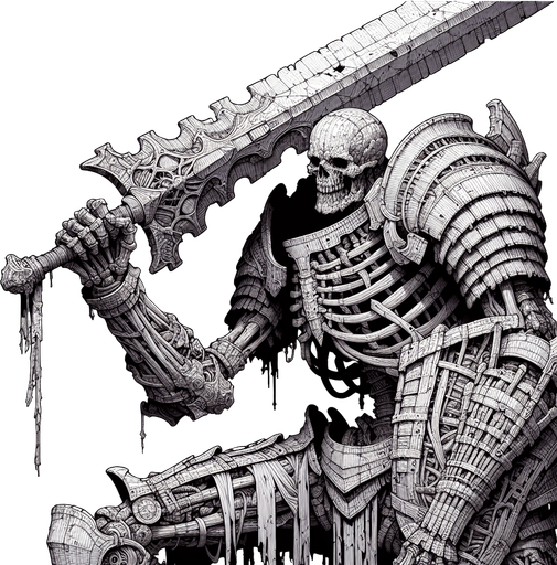 giant armored skeleton with a great sword.
Single Game Texture. In-Game asset. 2d. Blank background. High contrast. No shadows.