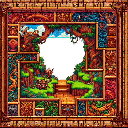 Wooden engrained frame. I want the art style to reflect a classic 16-bit retro pixel art aesthetic, reminiscent of early 1990s RPGs with vibrant colors. The environment should have a rich, fantasy-themed design with intricate backgrounds and a nostalgic, old-school feel..
Single Game Texture. In-Game asset. 2d. Blank background. High contrast. No shadows.