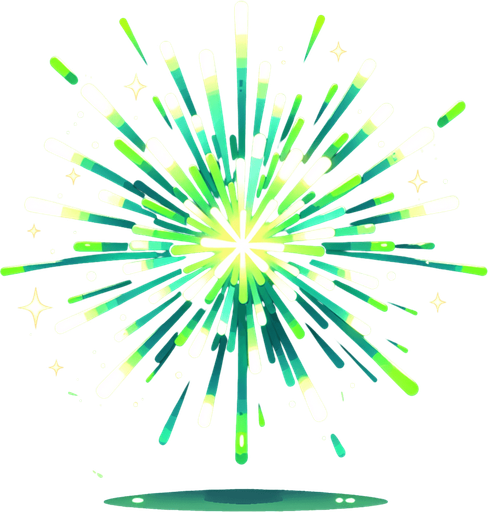 single green firework explosion . Single Game Texture. In-Game asset. 2d. Blank background. High contrast. No shadows.