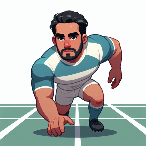 Joueur de rugby qui sont les adversaires tout seule qui s’apprête à plaquer.
Single Game Texture. In-Game asset. 2d. Blank background. High contrast. No shadows.