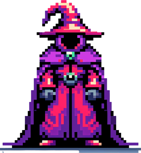 evil hooded wizard, full body, front facing, I want the art style to reflect a classic 16-bit retro pixel art aesthetic, reminiscent of early 1990s RPGs with vibrant colors..
Single Game Texture. In-Game asset. 2d. Blank background. High contrast. No shadows.