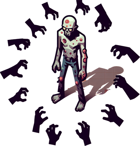 Un zombie en 2D vue du dessus.
Single Game Texture. In-Game asset. 2d. Blank background. High contrast. No shadows.